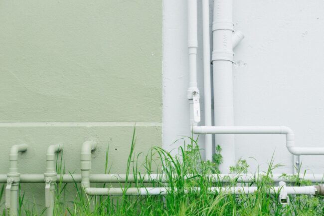 Pipes against a green and white wall with grass, illustrating plumbing infrastructure relevant to summer maintenance tips.