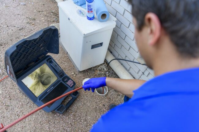 Plumber using electronic leak detection equipment to inspect pipes, showcasing advanced plumbing technology for leak identification.