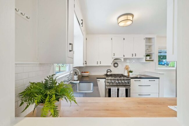 Modern kitchen interior with white cabinetry, stainless steel appliances, and a wooden countertop, featuring a sink and decorative plants, relevant to plumbing discussions and garbage disposal maintenance.