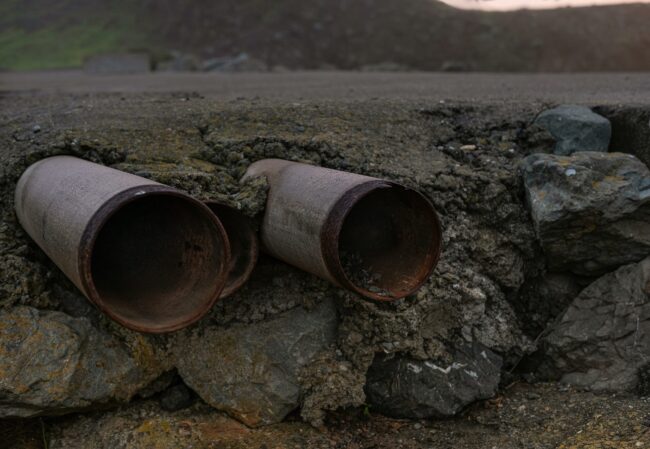Rusty pipes emerging from cracked concrete, illustrating potential plumbing issues related to leak detection and pipe replacement.