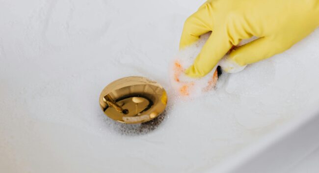 Hand in yellow glove scrubbing a bathroom drain with soap bubbles, highlighting maintenance for clogged drains.