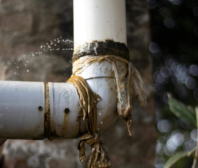 Leaking PVC pipe joint wrapped in cloth, illustrating common plumbing issues related to gas line repairs and maintenance.