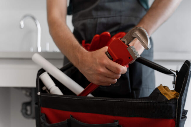 Man holding a red adjustable wrench with plumbing tools in a bag, showcasing essential equipment for plumbing services.