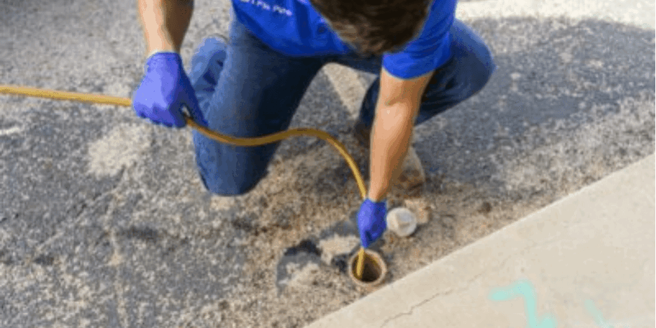 Technician in blue shirt using a yellow snake tool to inspect a gas line access point on a concrete surface, emphasizing gas line repair services in Odessa.