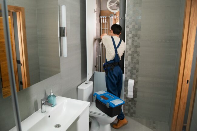 a plumber in a shower, fixing something
