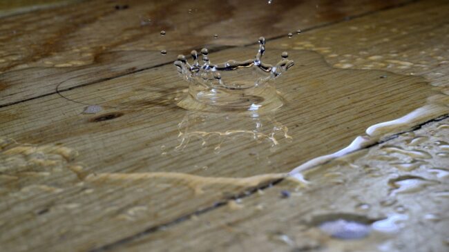 water dripping into a puddle on a wood floor