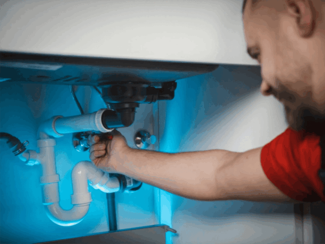 Plumber inspecting under-sink plumbing with tools, addressing common plumbing issues in Odessa, TX.